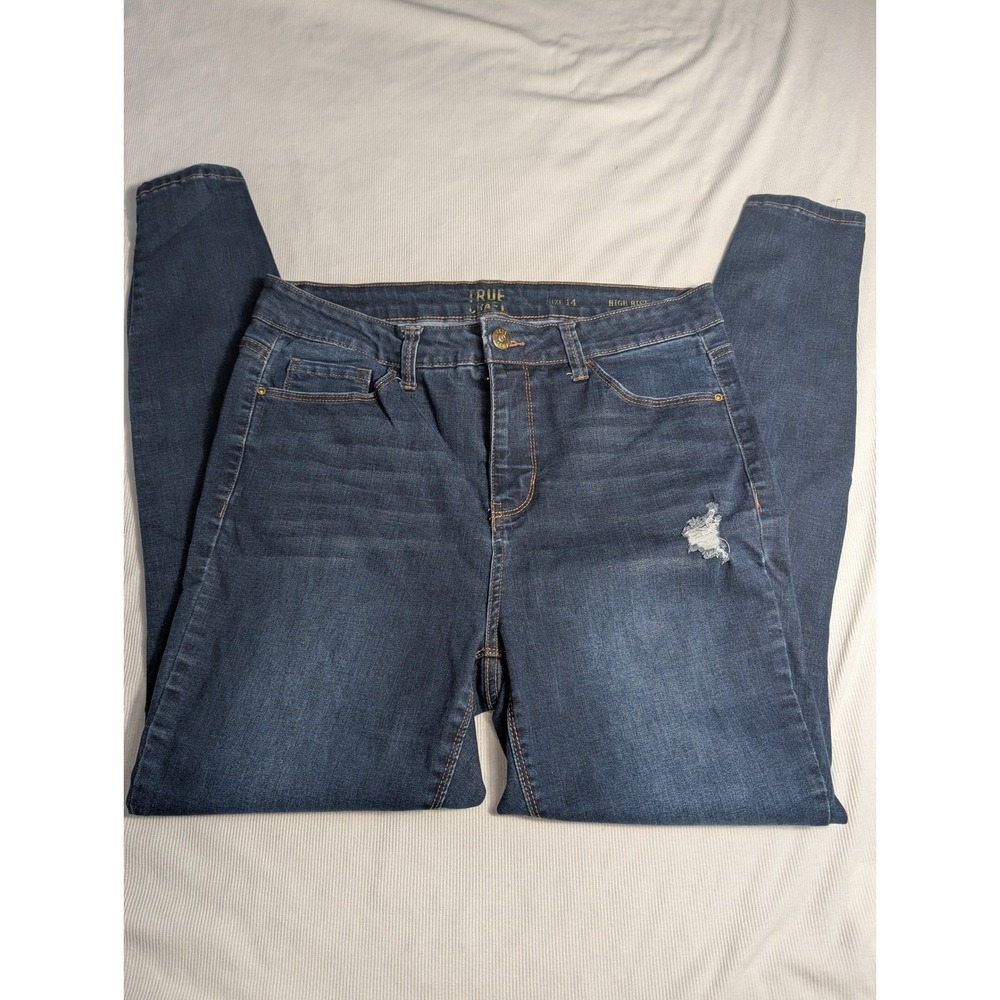 True Craft‎ Womens Size 14 High Rise Skinny Jeans Dark Wash Distressed 677